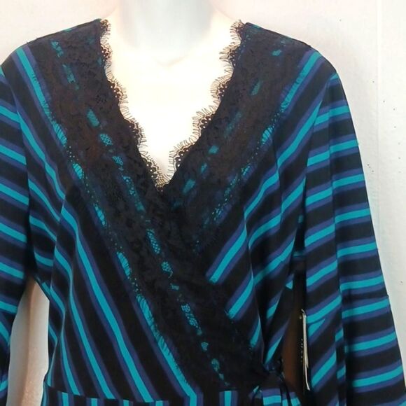 ISAAC MIZRANI Teal / black stripped long-sleeve V-neck Boho wrap midi dress L - Picture 3 of 14